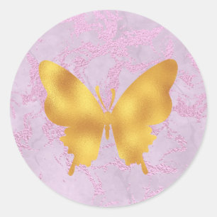 Sticker Rond Papillon rose et or en marbre