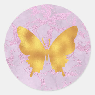 Sticker Rond Papillon rose et or en marbre