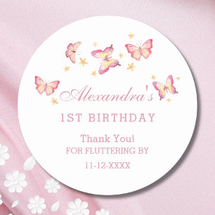 Sticker Rond Papillon rose fille 1er anniversaire Merci
