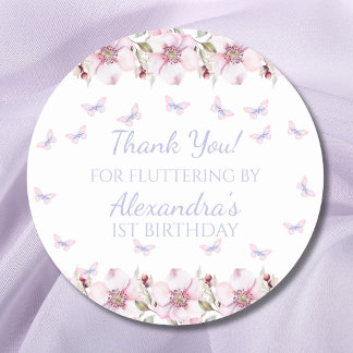 Sticker Rond Papillon rose floral 1er Merci d'anniversaire