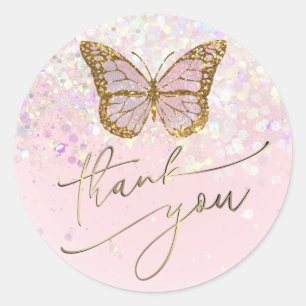 Sticker Rond ・papillon rose merci classique collant rond