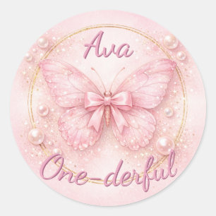 Sticker Rond Papillon Rose Merveilleux 1er Anniversaire