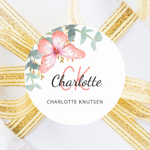 Sticker Rond Papillon rose or de pêche verte merci