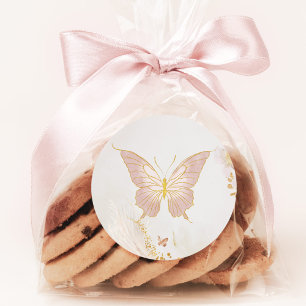 Sticker Rond Papillon rose poudré or