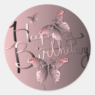 Sticker Rond Papillon rose Sangria "Joyeux anniversaire !"