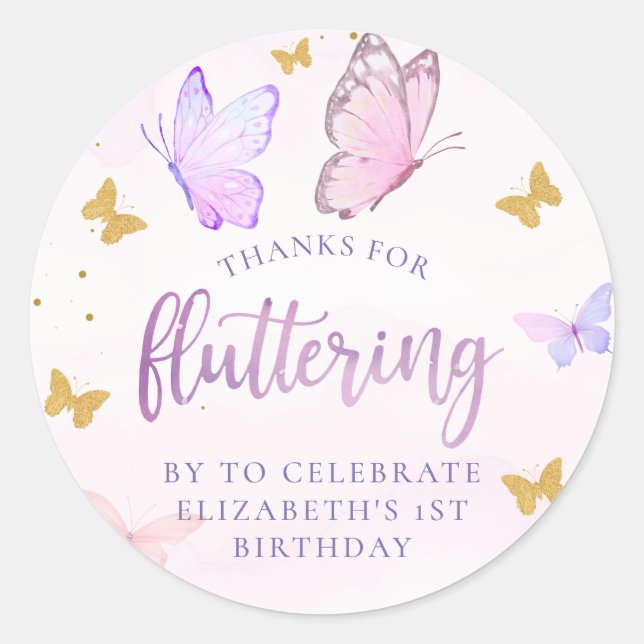 Sticker Rond Papillon rose violet or fille premier anniversaire (Devant)