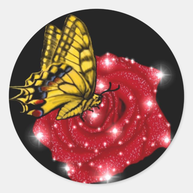 Sticker Rond Papillon sur rose rouge avec étoiles et gouttes de (Devant)