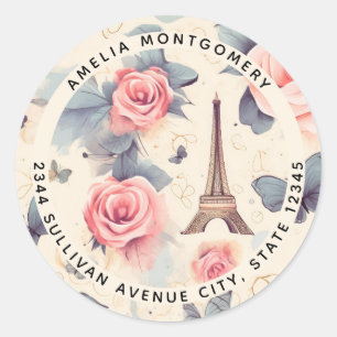 Sticker Rond Papillon Tour Eiffel et Motif Rose - Adresse