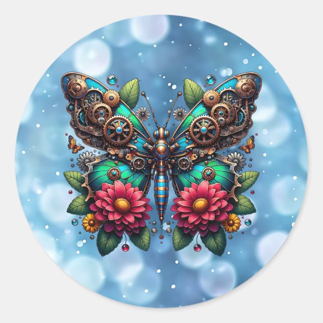 Sticker Rond Papillon vapeur avec engrenages et fleurs (Devant)