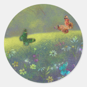 Sticker Rond Papillons à ton bijou dans la prairie estivale