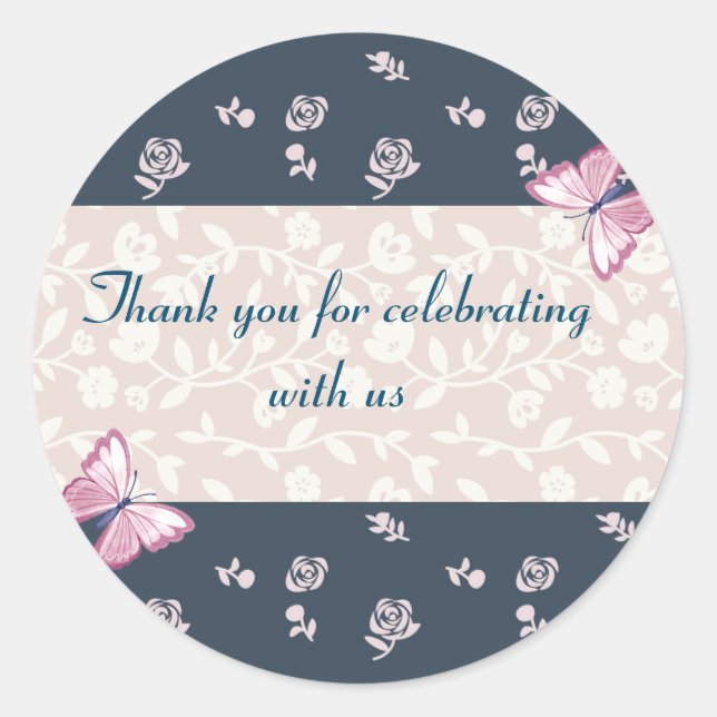 Sticker Rond papillons bleu marine rose merci (Devant)