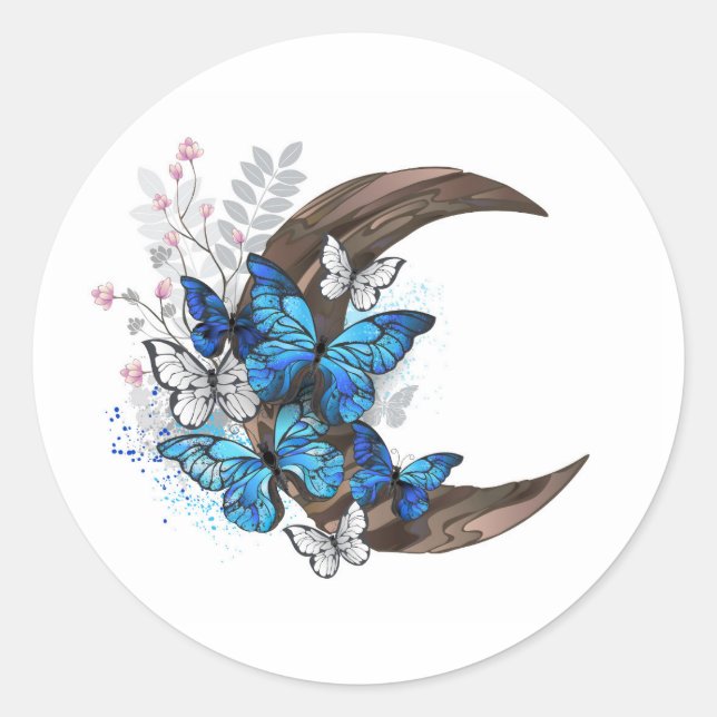 Sticker Rond Papillons bleus sur croissant en bois (Devant)