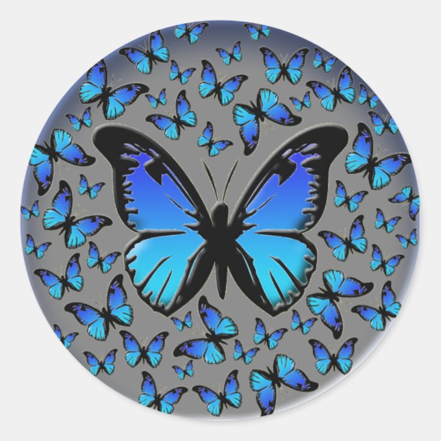 Sticker Rond papillons bleus sur un arrière - plan argenté (Devant)