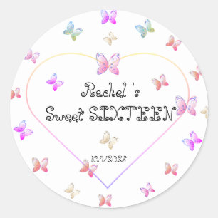 Sticker Rond Papillons de coeur rose doux 16 Anniversaire