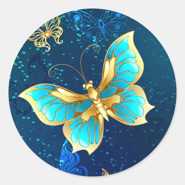 Sticker Rond Papillons d'or sur un Arrière - plan bleu (Devant)