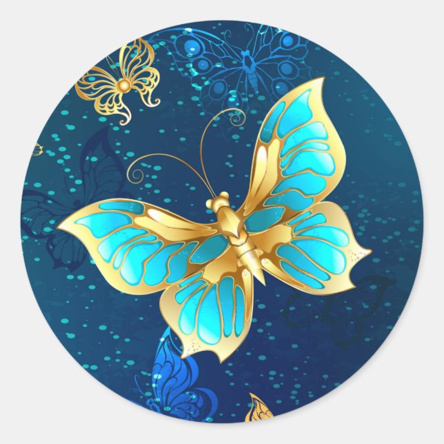 Sticker Rond Papillons d'or sur un Arrière - plan bleu (Devant)