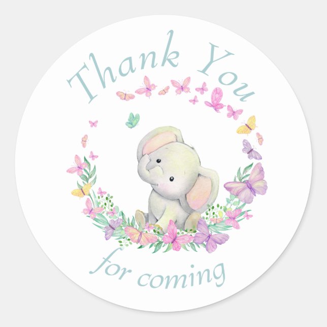 Sticker Rond Papillons éléphants Baby shower Merci (Devant)