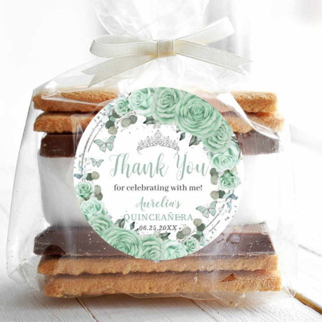 Sticker Rond Papillons en argent de la Quinceañera vert à la Mo (Créateur téléchargé)