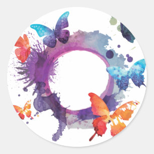 Sticker Rond Papillons en pastel d'aquarelle autour d'un anneau