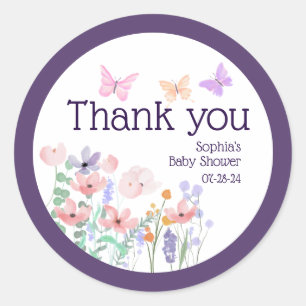 Sticker Rond Papillons et fleurs Baby shower Merci