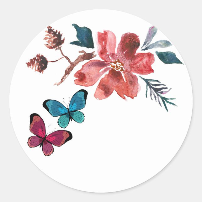 Sticker Rond Papillons et fleurs rouges et turquoise (Devant)