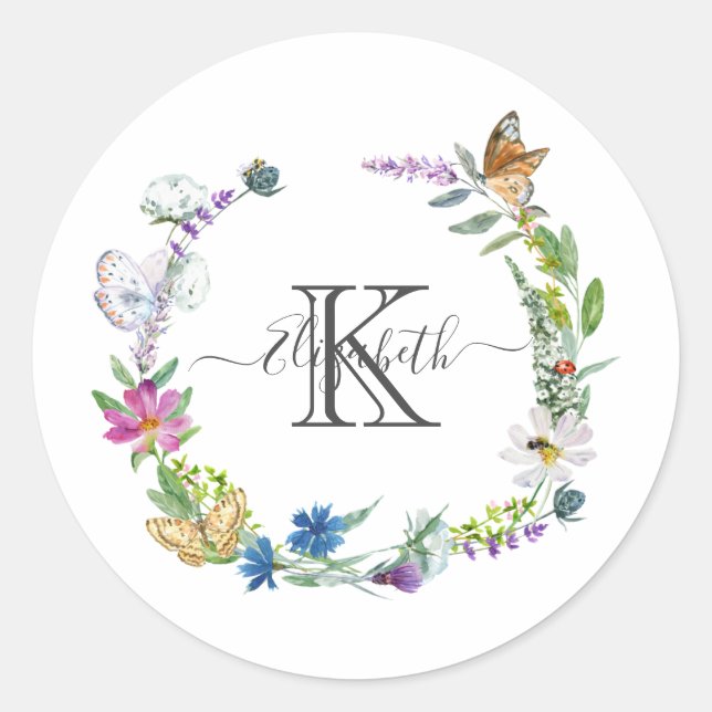 Sticker Rond Papillons fleurs de calligraphie avec monogramme s (Devant)