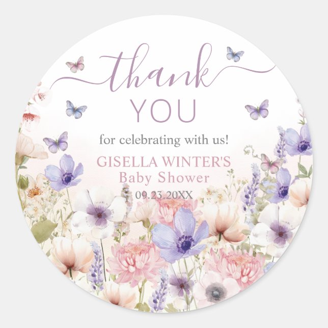 Sticker Rond Papillons Fleurs sauvages violets rose bébé en fle (Devant)