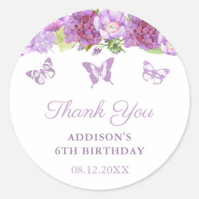 Sticker Rond Papillons floraux lavande fête d'anniversaire Favo (Devant)