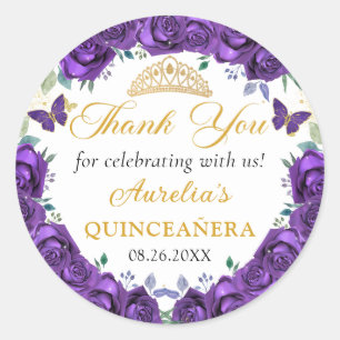 Sticker Rond Papillons floraux pourpres Quinceañera Princesse