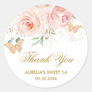 Sticker Rond Papillons floraux rose pâle Quinceanera Sweet 16