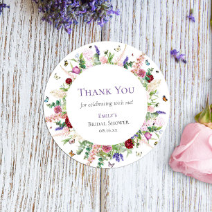 Sticker Rond Papillons floraux violets roses Merci