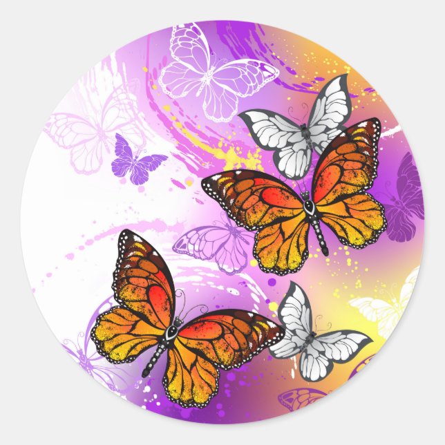 Sticker Rond Papillons Monarque sur Arrière - plan pourpre (Devant)