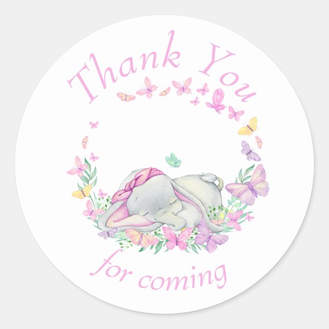 Sticker Rond Papillons rose éléphant Baby shower Merci (Devant)