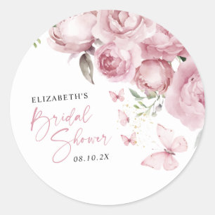 Sticker Rond Papillons Rose Floral Fête de Mariage