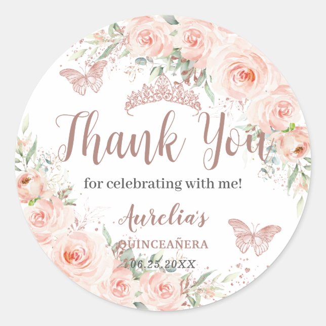 Sticker Rond Papillons Roses d'or de Quinceanera Blush (Devant)