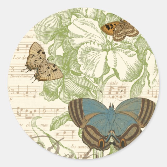 Sticker Rond Papillons sur Partition avec Design Floral (Devant)