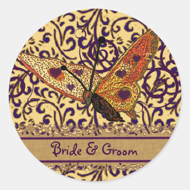 Sticker Rond Papillons tourbillons violet et orange (Devant)