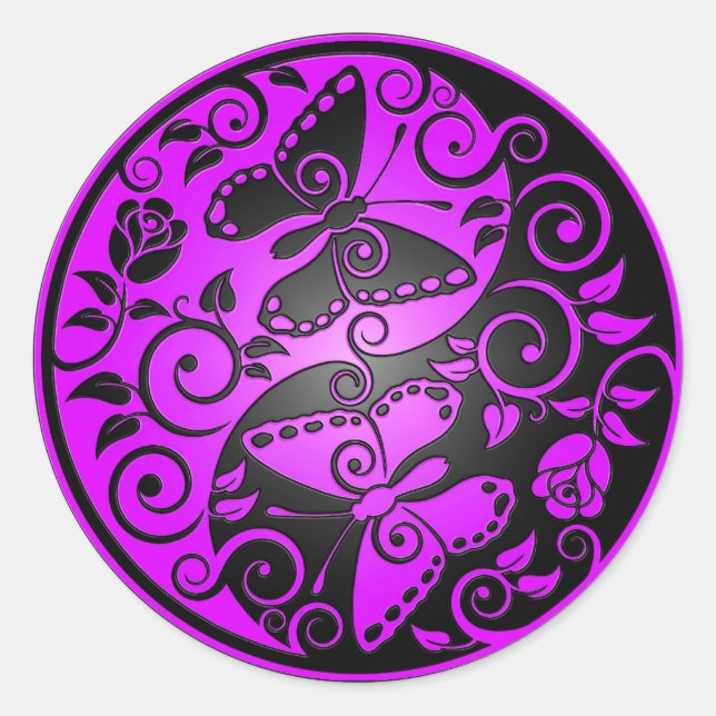 Sticker Rond Papillons Yin Yang, violet & noir (Devant)