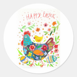 Sticker Rond Pâques joyeuses, poule et oeuf mignons