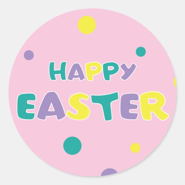 Sticker Rond Pâques pois Pastel Rose joyeuses (Devant)