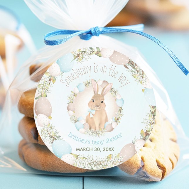 Sticker Rond Pâques Printemps mignon Bunny Baby shower garçon b (Easter Spring Cute Bunny Blue Boy Baby Shower Classic Round Sticker)