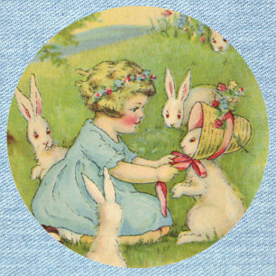 Sticker Rond Pâques vintages, Bonnet fille sur lapin lapin