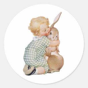 Sticker Rond Pâques vintages, mignon garçon avec lapin lapin