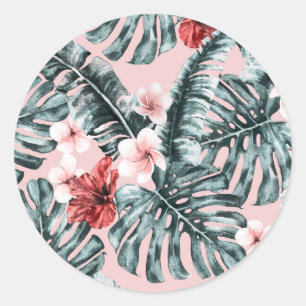 Sticker Rond Paradis Rose Île Tropicale Florale Botanique