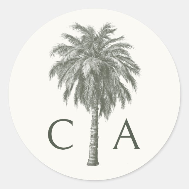 Sticker Rond Paraphe Mariage Tropical Palm Tree Monogramme (Devant)