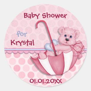 Sticker Rond Parapluie Ours rose Polka Baby shower