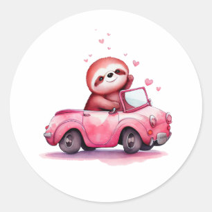 Sticker Rond Paresseux mignon conduisant une décapotable rose