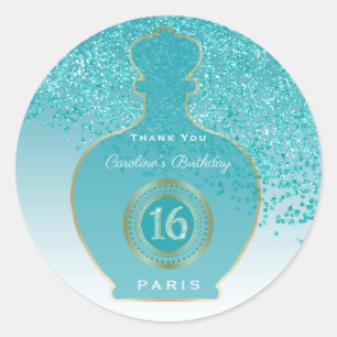 Sticker Rond Parfum Azur Pailleté Bleu Turquoise, Sweet 16