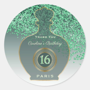 Sticker Rond Parfum Émeraude Paillettes Vertes, Sweet 16