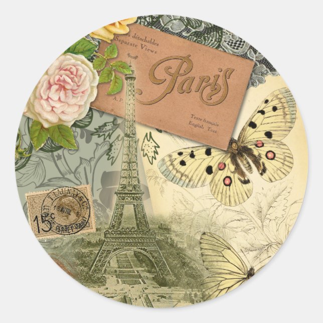 Sticker Rond Paris France Art Antique Collage Eiffel Français (Devant)